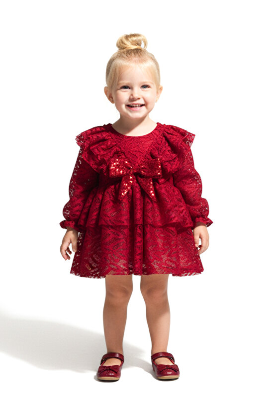 Kız Bebek Elbise Kız Çocuk Elbise Yakalı Doğum Günü Parti Düğün Özel Gün Uzun Kol Fiyonklu Astarlı