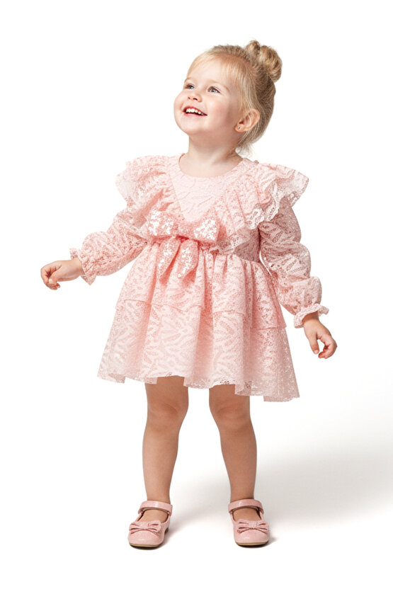 Kız Bebek Elbise Kız Çocuk Elbise Yakalı Doğum Günü Parti Düğün Özel Gün Uzun Kol Fiyonklu Astarlı