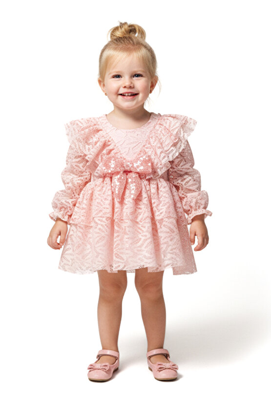 Kız Bebek Elbise Kız Çocuk Elbise Yakalı Doğum Günü Parti Düğün Özel Gün Uzun Kol Fiyonklu Astarlı