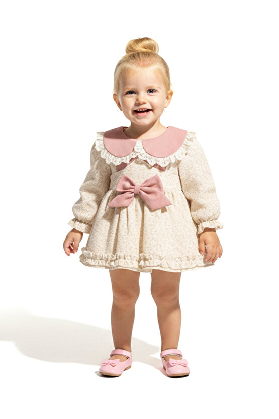 Kız Bebek Elbise Kız Çocuk Elbise Yakalı Doğum Günü Parti Düğün Özel Gün Uzun Kol Astarlı Çiçekli