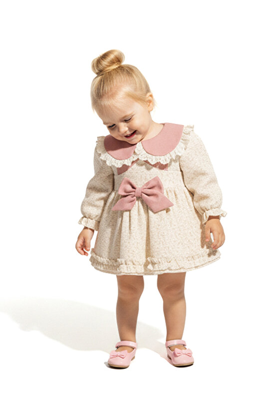 Kız Bebek Elbise Kız Çocuk Elbise Yakalı Doğum Günü Parti Düğün Özel Gün Uzun Kol Astarlı Çiçekli