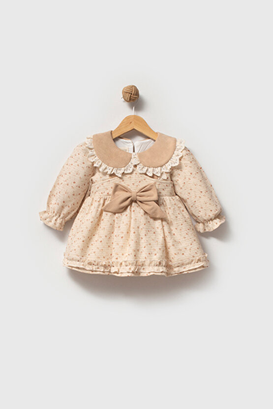 Kız Bebek Elbise Kız Çocuk Elbise Yakalı Doğum Günü Parti Düğün Özel Gün Uzun Kol Astarlı Çiçekli