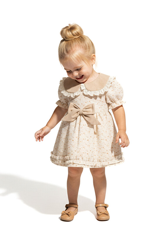 Kız Bebek Elbise Kız Çocuk Elbise Yakalı Doğum Günü Parti Düğün Özel Gün Uzun Kol Astarlı Çiçekli