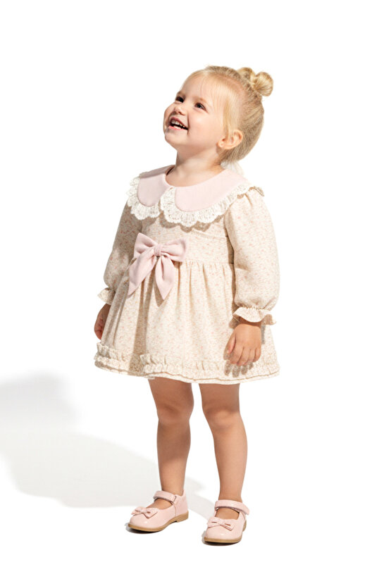 Kız Bebek Elbise Kız Çocuk Elbise Yakalı Doğum Günü Parti Düğün Özel Gün Uzun Kol Astarlı Çiçekli