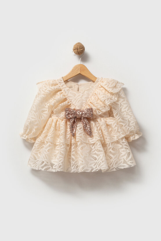 Kız Bebek Elbise Kız Çocuk Elbise Yakalı Doğum Günü Parti Düğün Özel Gün Uzun Kol Fiyonklu Astarlı