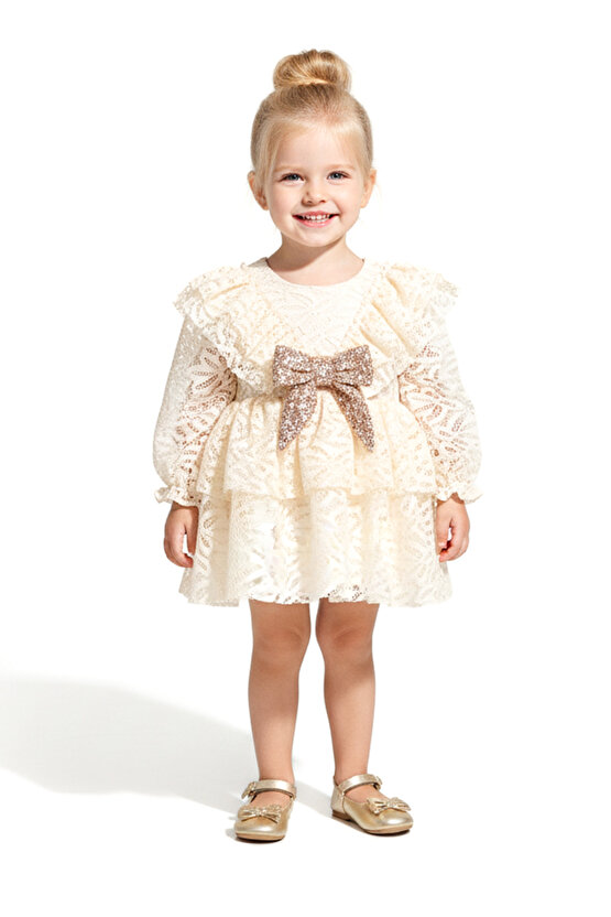 Kız Bebek Elbise Kız Çocuk Elbise Yakalı Doğum Günü Parti Düğün Özel Gün Uzun Kol Fiyonklu Astarlı