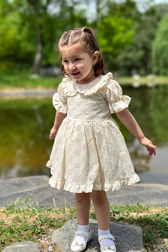 Kız Bebek Elbise Kız Çocuk Elbise Doğum Günü Parti Düğün Elbise Dantelli Kısa Kol Astarlı Elbise