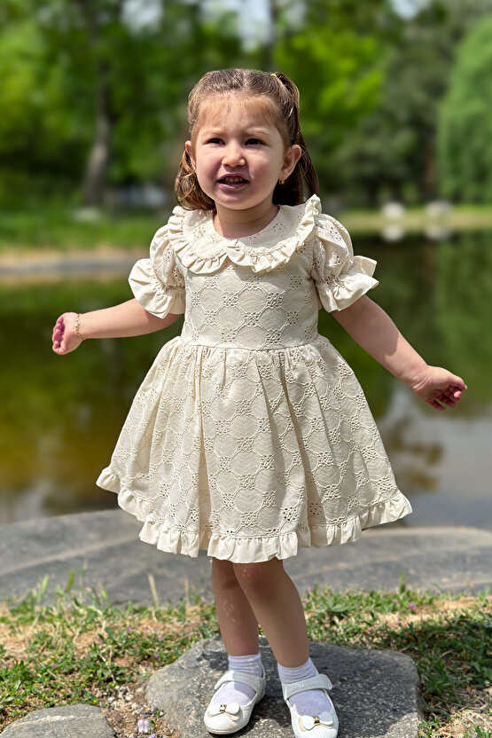 Kız Bebek Elbise Kız Çocuk Elbise Doğum Günü Parti Düğün Elbise Dantelli Kısa Kol Astarlı Elbise