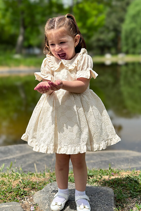Kız Bebek Elbise Kız Çocuk Elbise Doğum Günü Parti Düğün Elbise Dantelli Kısa Kol Astarlı Elbise