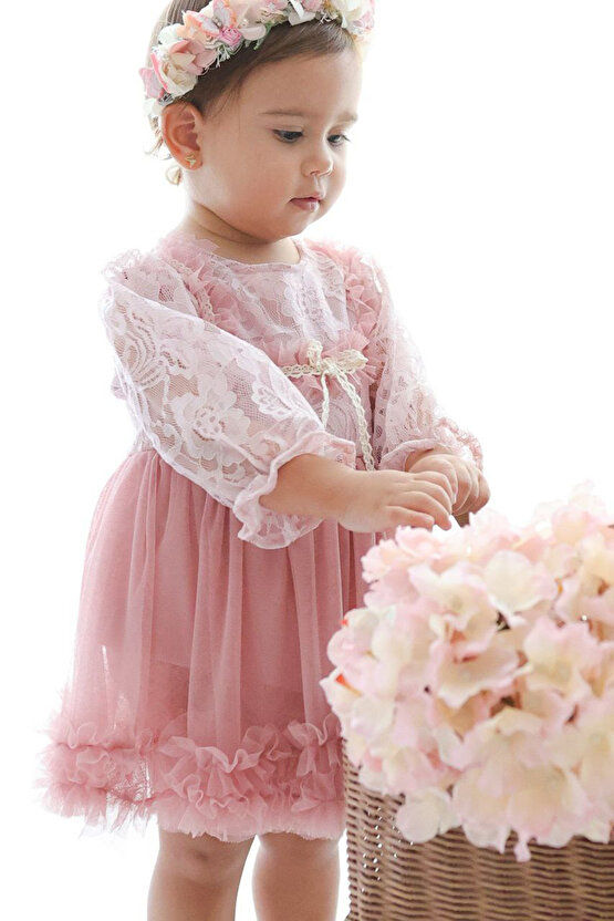 Kız Bebek Elbise Kız Çocuk Elbise Doğum Günü Parti Düğün Elbise Dantelli Uzun Kol Astarlı Elbise