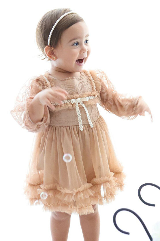 Kız Bebek Elbise Kız Çocuk Elbise Doğum Günü Parti Düğün Elbise Dantelli Uzun Kol Astarlı Elbise