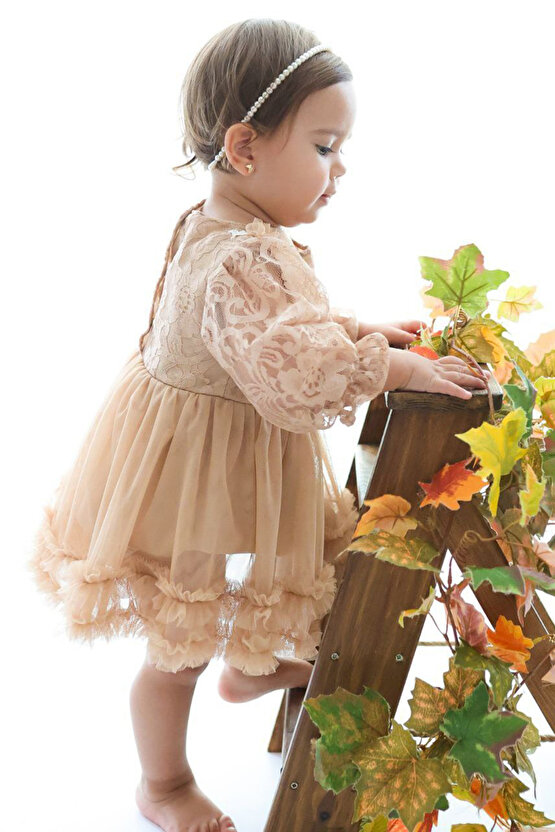 Kız Bebek Elbise Kız Çocuk Elbise Doğum Günü Parti Düğün Elbise Dantelli Uzun Kol Astarlı Elbise