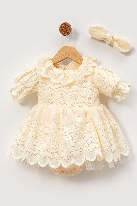 Kız Bebek Kız Çocuk Doğum Günü Parti Düğün Elbise Kısa Kol Bandanalı Dantelli Astarlı Romper