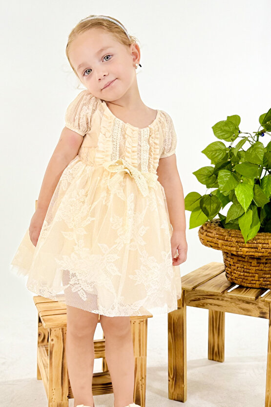 Kız Bebek Kız Çocuk Doğum Günü Parti Düğün Elbise Kısa Kol Dantelli Astarlı Elbise