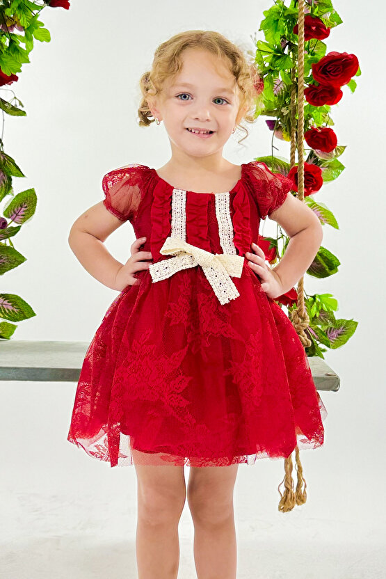 Kız Bebek Kız Çocuk Doğum Günü Parti Düğün Elbise Kısa Kol Dantelli Astarlı Elbise