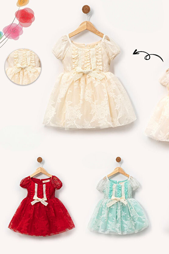 Kız Bebek Kız Çocuk Doğum Günü Parti Düğün Elbise Kısa Kol Dantelli Astarlı Elbise