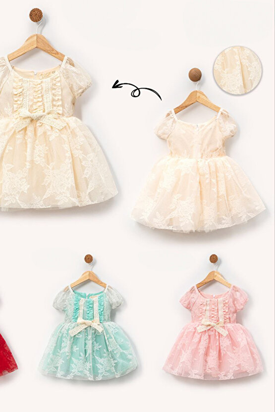 Kız Bebek Kız Çocuk Doğum Günü Parti Düğün Elbise Kısa Kol Dantelli Astarlı Elbise