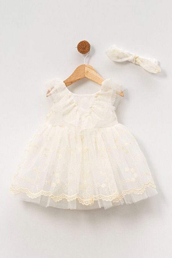 Kız Bebek Kız Çocuk Doğum Günü Parti Düğün Elbise Kısa Kol Bandanalı Dantelli Astarlı Romper