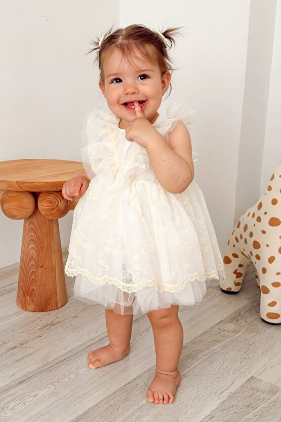 Kız Bebek Kız Çocuk Doğum Günü Parti Düğün Elbise Kısa Kol Bandanalı Dantelli Astarlı Romper