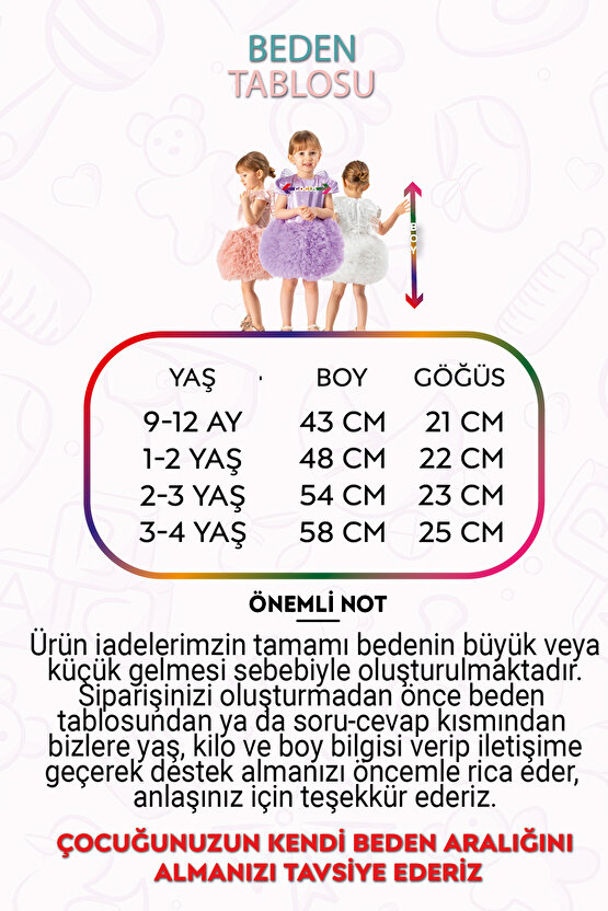 Kız Bebek Kız Çocuk Doğum Günü Parti Düğün Elbise Tüllü Tütü Astarlı Çocuk Giyim Bebek Giyim ELBYKNT
