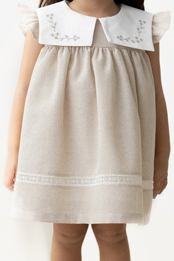 Kız Bebek Elbise Kız Çocuk Elbise Doğum Günü Parti Düğün Keten Kısa Kollu Astarlı Elbise