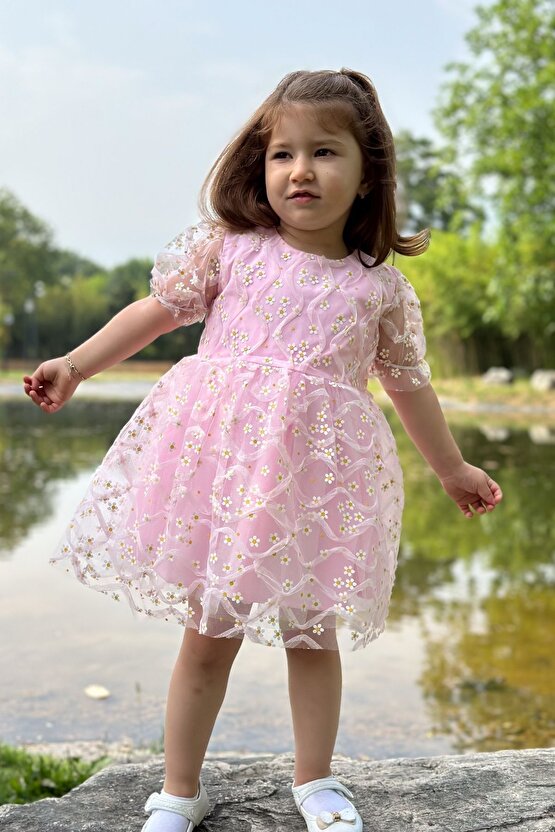 Kız Bebek Elbise Kız Çocuk Elbise Doğum Günü Parti Düğün Elbise Dantelli Kısa Kol Astarlı Elbise