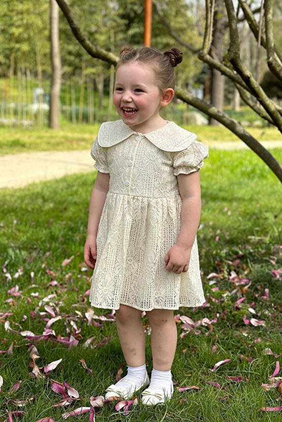 Kız Bebek Elbise Kız Çocuk Elbise Doğum Günü Parti Düğün Elbise Dantelli Kısa Kol Astarlı Elbise