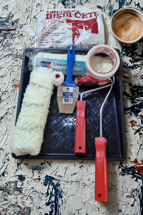 8 Parça Uzman Boyacı Seti Rulo Fırça Bant Hışır Örtü Tava