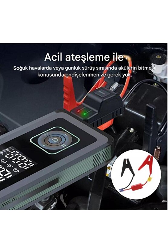 Multi Function Jump Starter Şarjlı Lastik Şişirme Pompası Akü Takviye Acil Durum Led Işık Powerbank