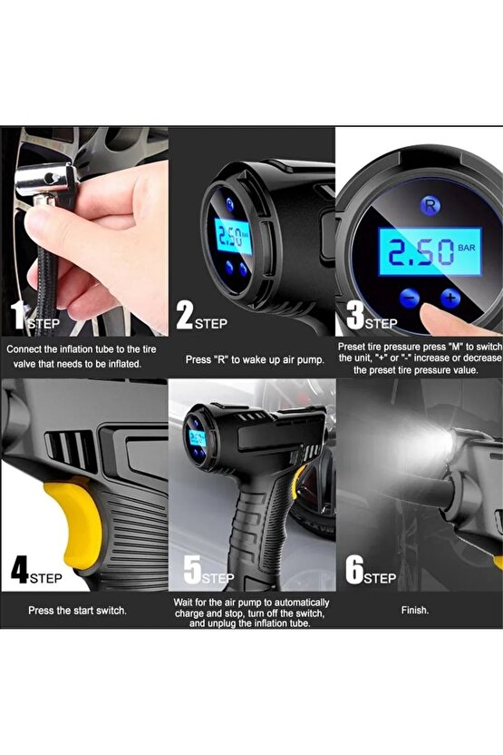 Dijital LCD Ekranlı 3600mAh 150 psi Hava Kompresörü Powerbank Özellikli Araç Lastik Şişirme Pompası