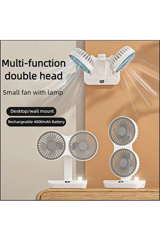 MASAÜSTÜ OTOMATİK SALINIMLI VANTİLATÖR ŞARJLI LED IŞIKLI 360 DERECE AYARLANABİLİR ASKILI FAN