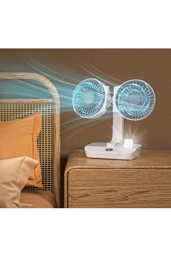 MASAÜSTÜ OTOMATİK SALINIMLI VANTİLATÖR ŞARJLI LED IŞIKLI 360 DERECE AYARLANABİLİR ASKILI FAN