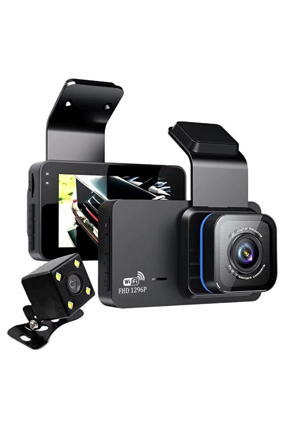 WİFİ Lİ ARAÇ İÇİ KAMERA 3 İNÇ EKRANLI ÖN VE GERİ GÖRÜŞ KAMERALI MİKROFONLU 1296P SUPER HD
