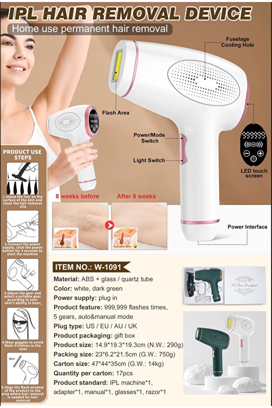 OTOMATİK LAZER EPİLASYON CİHAZI TÜM VÜCUT IPL LAZER EPİLATÖR ALETİ 999.999 ATIM LED EKRAN DOKUNMATİK