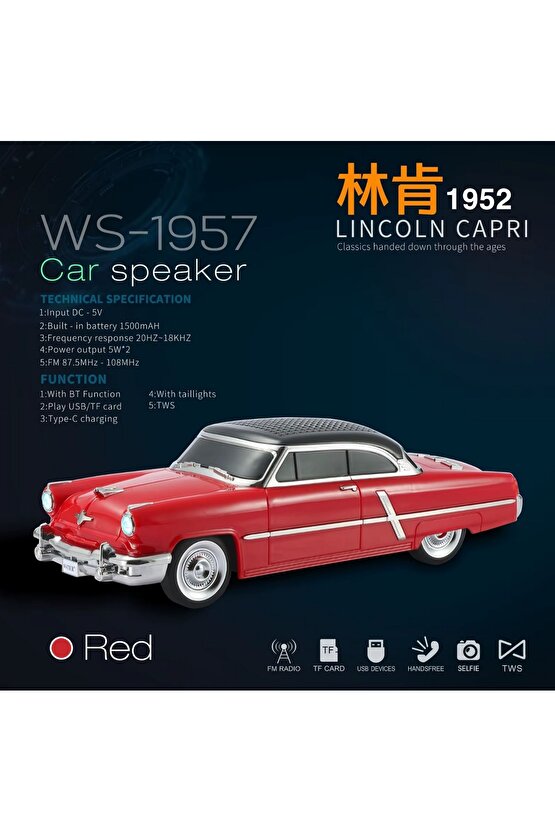 1952 LİNCOLN CAPRİ ŞARJLI BLUETOOTH SPEAKER KABLOSUZ LED IŞIKLI HOPARLÖR FM RADYO SD KART USB