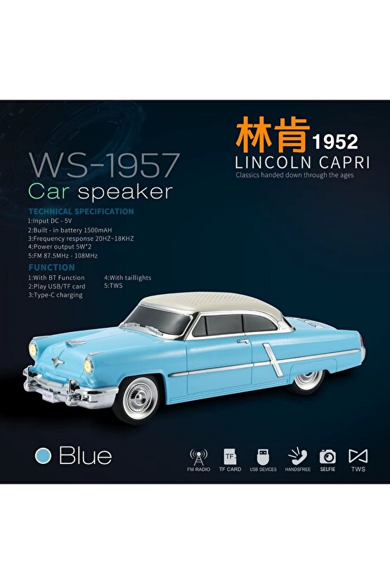 1952 LİNCOLN CAPRİ ŞARJLI BLUETOOTH SPEAKER KABLOSUZ LED IŞIKLI HOPARLÖR FM RADYO SD KART USB