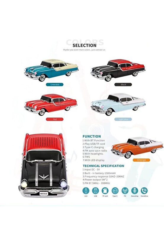 NOSTALJİK ARABA ŞARJLI LED IŞIKLI KABLOSUZ HOPARLÖR BLUETOOTH SPEAKER  FM RADYO SD KART USB