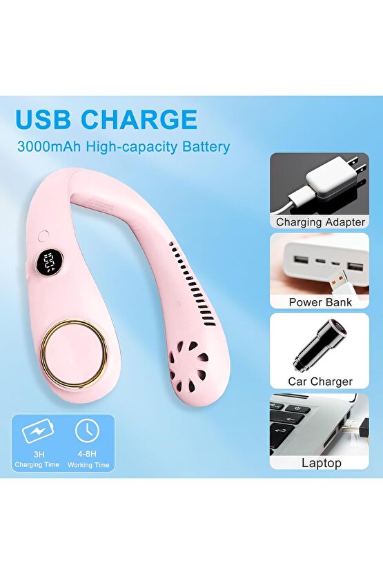 BOYUNA TAKILAN FAN MİNİ KLİMA SERİNLETİCİ VANTİLATÖR LED EKRANLI 3 SEVİYE ŞARJLI BOYUNLUK FAN