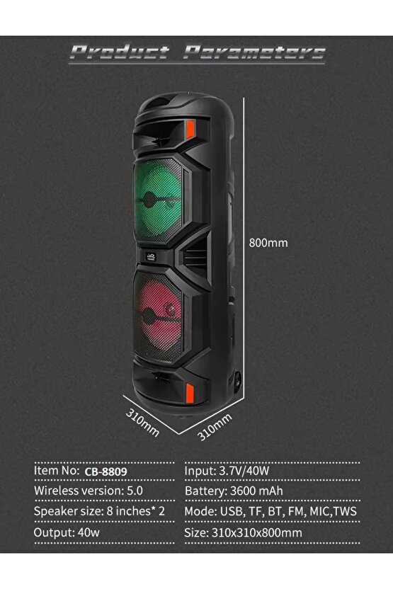 2X8 İNÇ BÜYÜK BOY TEKERLEKLİ BLUETOOTH SPEAKER ŞARJLI KABLOSUZ MİKROFONLU HOPARLÖR
