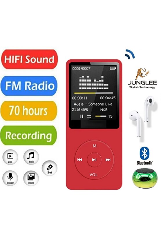 8GB HAFIZA KARTLI BLUETOOTHLU MP3 ÇALAR SES KAYIT FM RADİO DAHİLİ HOPARLÖR EKRANLI MÜZİK ÇALAR