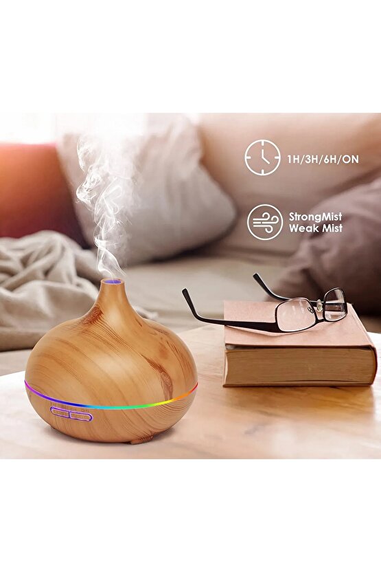 Aroma Terapi Oda Hava Nemlendirici 550ml Ultrasonik Buhar Makinesi Ahşap Görünüm 7 Renk Led Işıklı