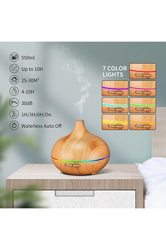 Aroma Terapi Oda Hava Nemlendirici 550ml Ultrasonik Buhar Makinesi Ahşap Görünüm 7 Renk Led Işıklı