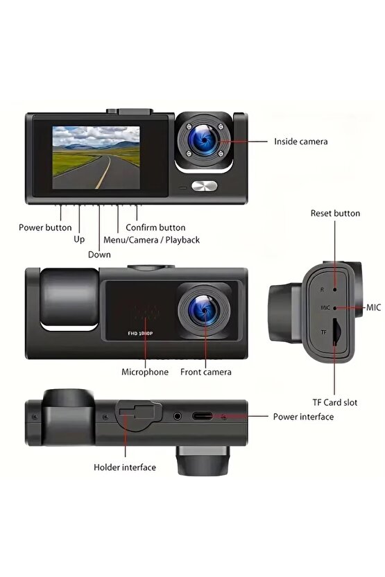 WİFİ Lİ 3 KAMERALI ARAÇ İÇİ KAMERA KAYIT CİHAZI 3 LENS CARDVR DASH CAM ÖN İÇ VE GERİ GÖRÜŞ KAMERASI