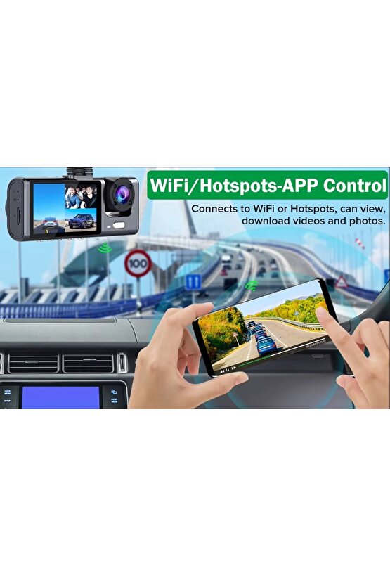 WİFİ Lİ 3 KAMERALI ARAÇ İÇİ KAMERA KAYIT CİHAZI 3 LENS CARDVR DASH CAM ÖN İÇ VE GERİ GÖRÜŞ KAMERASI