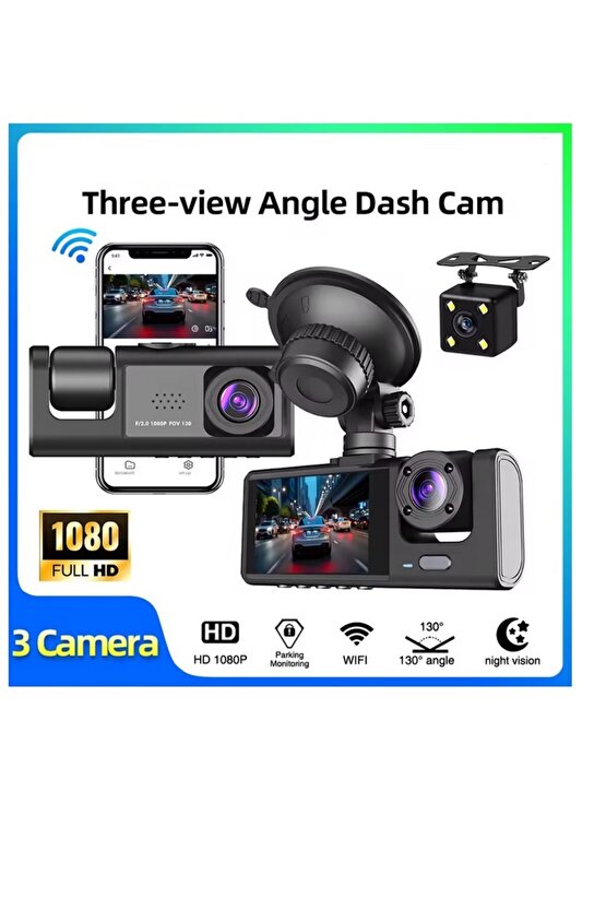 WİFİ Lİ 3 KAMERALI ARAÇ İÇİ KAMERA KAYIT CİHAZI 3 LENS CARDVR DASH CAM ÖN İÇ VE GERİ GÖRÜŞ KAMERASI