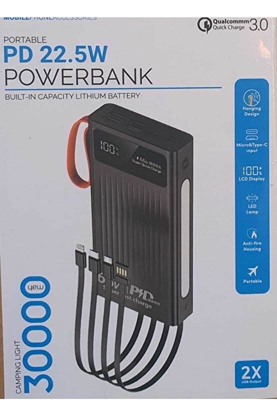30000 Mah Powerbank Ios Android Uyum Led Işıklı Ekranlı Type C Mikro Usb Lightning Çıkışlı