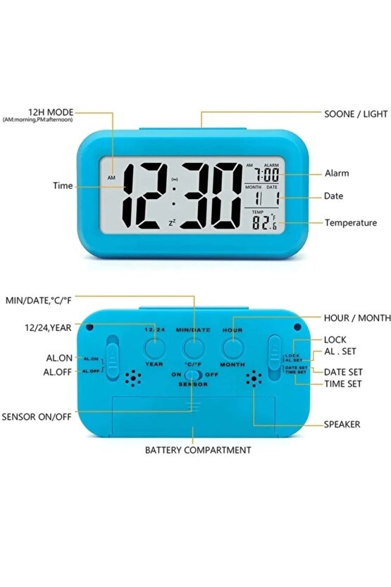 Alarmlı Lcd Ekranlı Dijital Masa Saati Alarmlı Termometreli Led Işıklı Takvimli