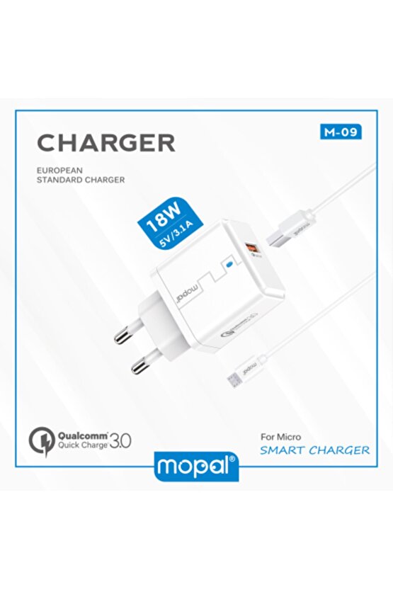 Mopal Mikro Usb Şarj Başlığı Ve Data Kablosu 5v 3,1a 18w Qualcomm 3.0 Quick Charge M09