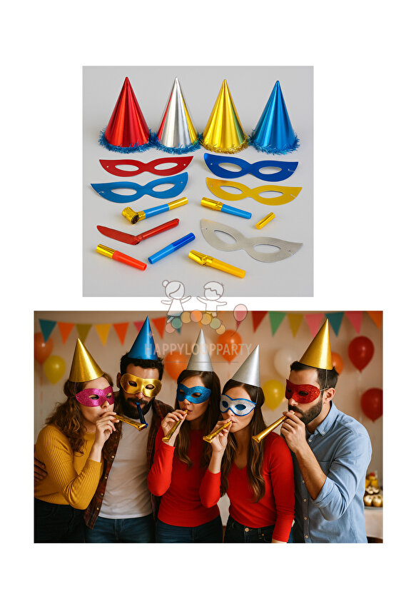8li Renkli Yılbaşı Şapkası Parti Maske Ve Düdük Seti Kağıt Üçgen Katyon Set Kaynana Dili Düdüğü