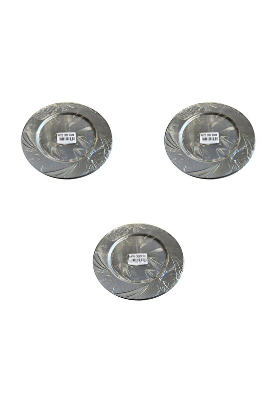 Kullan At Parti Davet Sunum Servis Plastik Sert Mika Tabak - 26 Cm. - Gümüş - 6 Adetlik 3 Paket